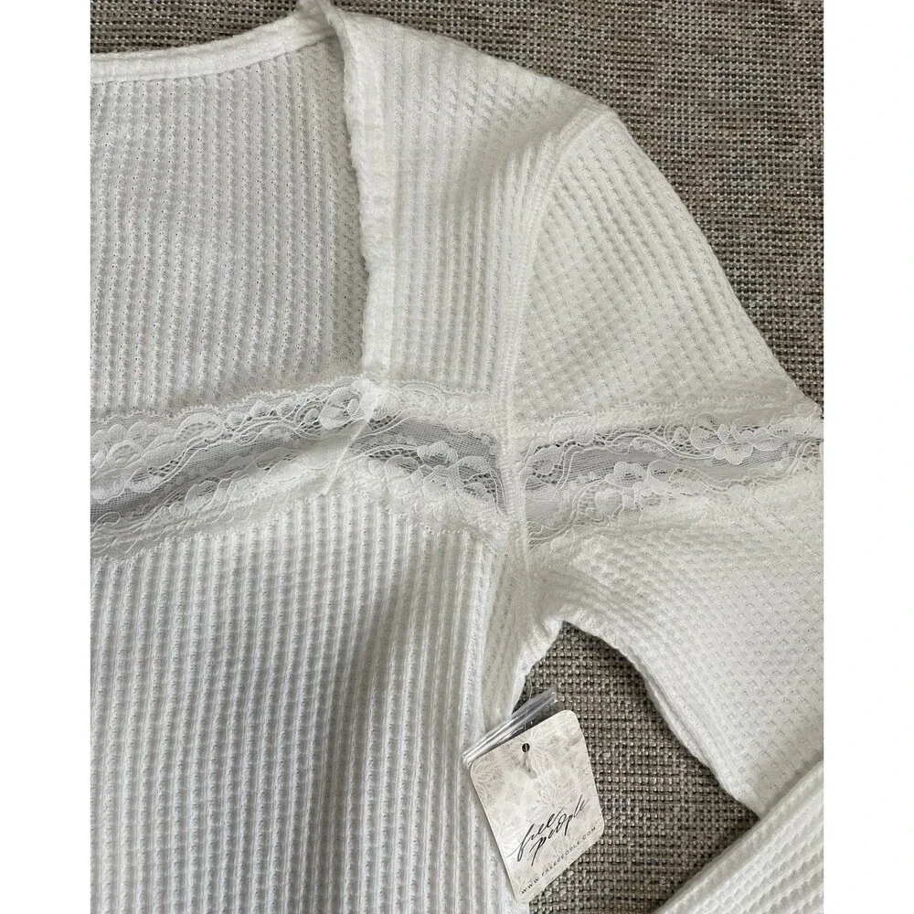 NWT Free People Women’s M Ivory Waffle Knit Lace Button Front Top Boho Coastal